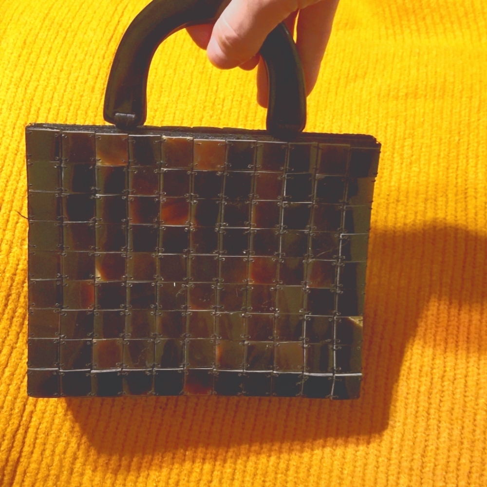 tile bead & satin evening bag w/resin handles